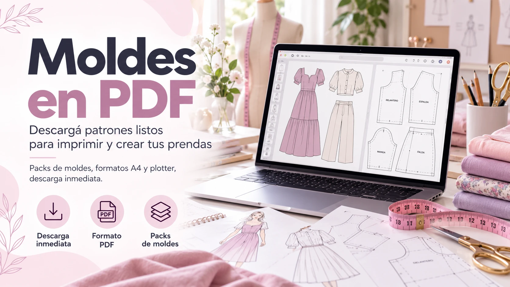 Moldes en PDF: patrones listos para imprimir, en formatos A4 y plotter, con descarga inmediata